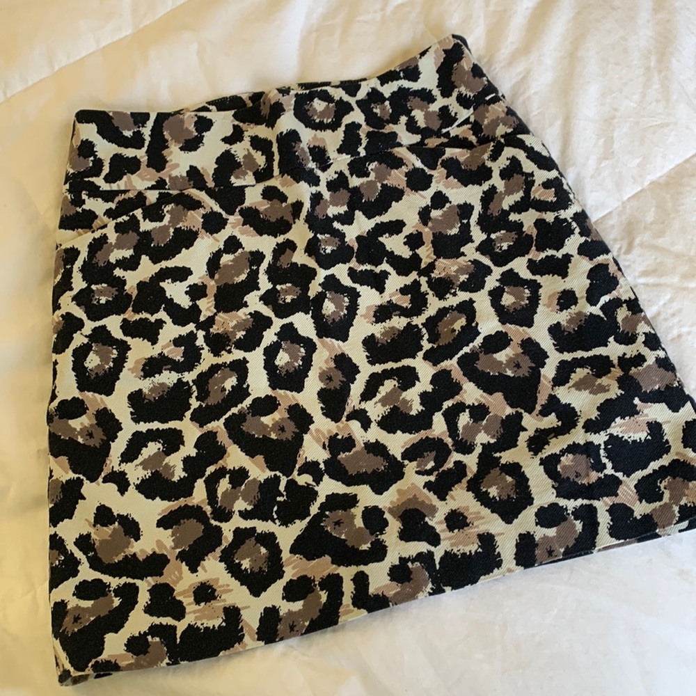 Ann Taylor Loft animal print skirt with wide waistband, pockets, and side zip.